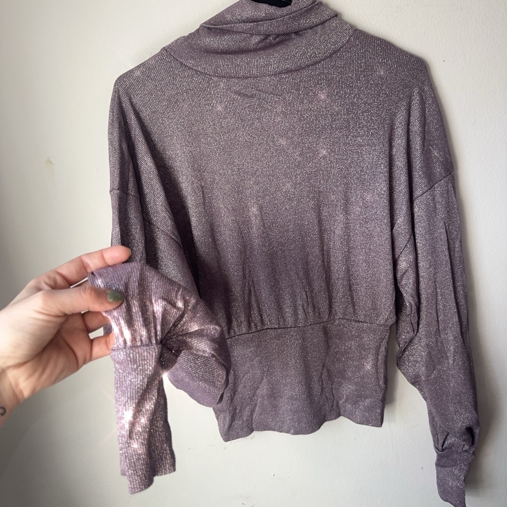 Free People Shimmering Glitter Lilac Women's Balloon Sleeve Turtleneck Sweater